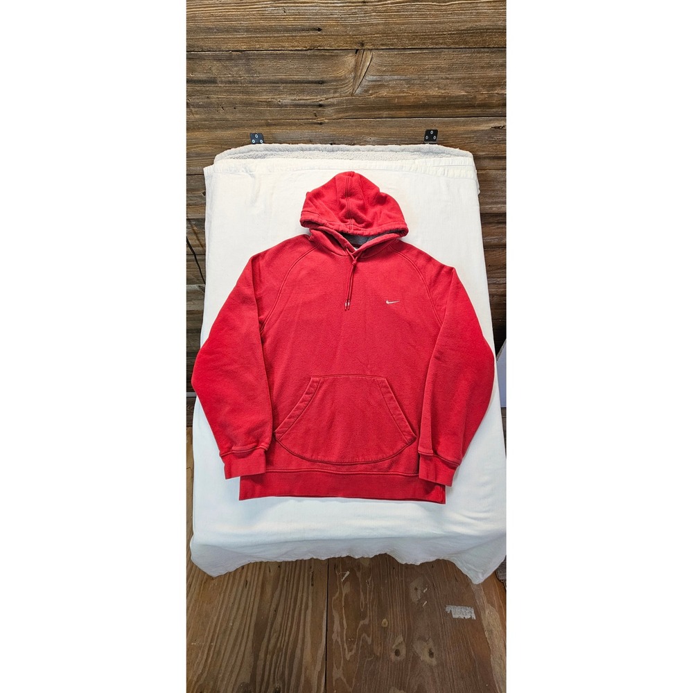 Vtg. Nike Mens Red Pullover Hoodie Embroidered Silver Swoosh Raglan Sweatshirt L